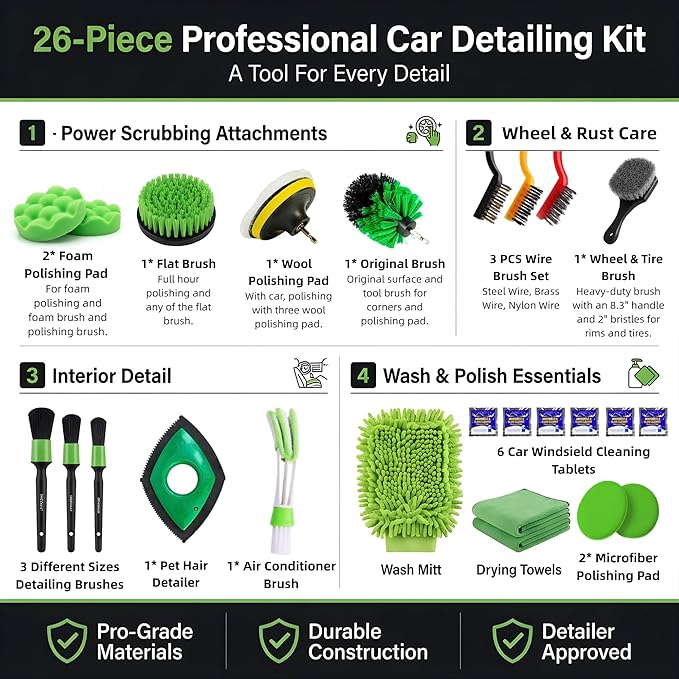 26Pcs Car Detailing Kit, Car Detailing Brush Set with Drill Brush Attachments, Car Detailing Brushes, Wheel & Tire Brush, Microfiber Towels, Wash Mitt, Pet Hair Remover for Interior & Exterior