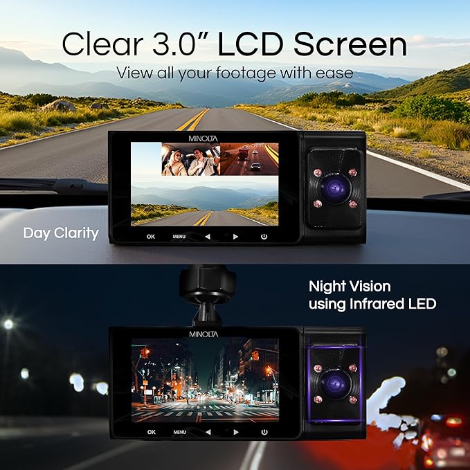 Minolta Dash Camera – 3-Channel 1080P Car DVR with Rear & Interior Cam, Night Vision, 3.0” LCD Screen, G-Sensor, Loop Recording, Parking Monitor, Motion Detection, 32GB Card (Black)