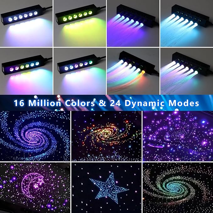 WEBUPAR 3.2W 6LEDs Meteor Starlight Headliner Kit, 180pcs 0.01in 6.56ft, RGBW Shooting Stars Fiber Optic Lights with Bluetooth APP Control for Car/Home Theater
