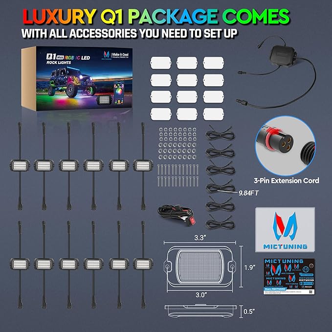 MICTUNING Q1 MAX RGB+IC Rock Lights 12 Pods Kit, 288 Beams 1000% Brighter Chasing Dreamcolor Underglow Neon Lights, APP Control Multicolor Extensible Underbody Lighting Kit for Truck ATV UTV Boat