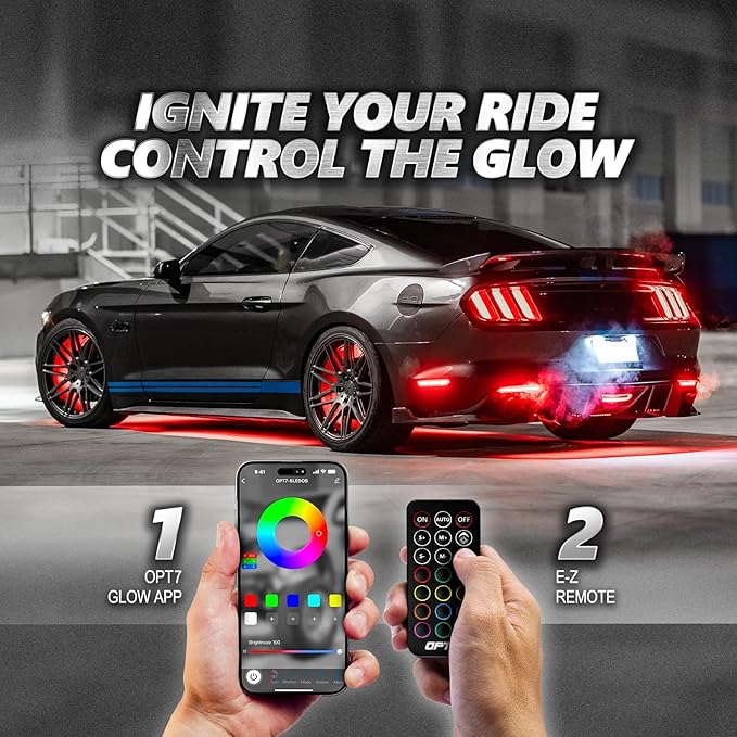 OPT7 Aura Pro Underglow LED Lights Kit for Cars with APP & Remote Control, RGB Multicolor Modes, Music Sync, Waterproof Rigid Aluminum Light Bar, Exterior Neon Accent Underbody Lighting, Car Gifts