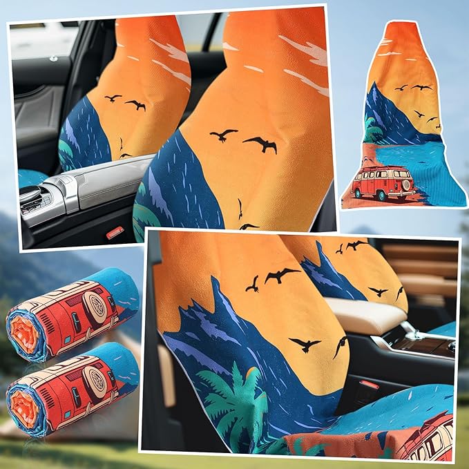 Hahafelt 2 Pack Car Seat Towel Covers Athletic Running Towel Performance Microfiber Post Workout Sweat Washable Cover Non Slip for Seat Outdoor Sport (Beach Camping)