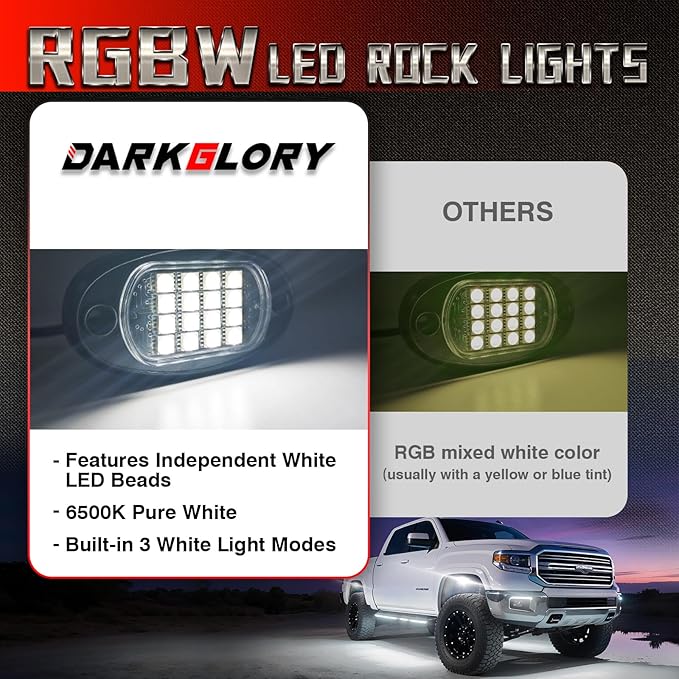 8 Pods RGBW LED Rock Lights for Jeeps Truck Off Road ATV UTV Golf Cart RZR SXS, Waterproof Multicolor Neon Underglow Kit with APP/RF Remote Control&Brake Red Function,12V Pure White Underbody Lights
