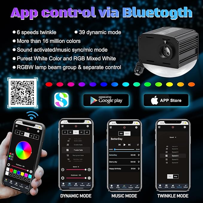 Car Starlight Headliner Kit, Twinkle & Sound Activated RGBW 16W 1000pcs*0.02in*9.8ft Fiber Optic Starlight Kit with APP& Remote Controlled, Star Lights for Ceiling Car Roof/Home Decor