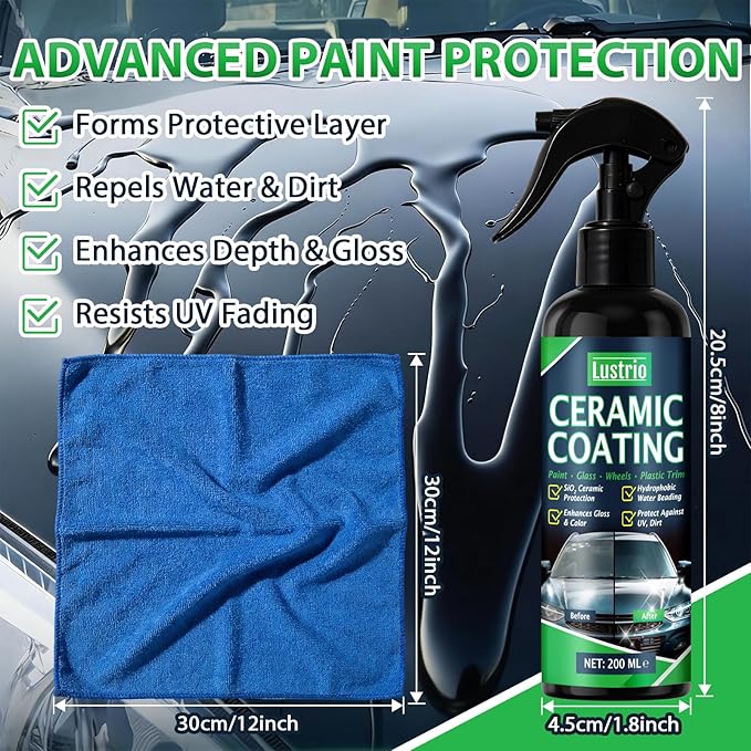 Ceramic Spray Coating for Cars – Hydrophobic Self Cleaning Formula, Easy Wipe-On Application, Nano Paint Protection & Detailing Shine with Ultra Gloss – 200ml (6.8oz)