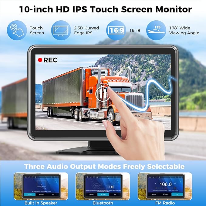4 Channel Backup Camera Dash Cam System for Trucks, RVs, Trailers, Carplay & Android Auto, 10'' Touch Screen Monitor & DVR Recording, 4 HD1080P Wired Rearview Reverse Cameras IP68-rated..
