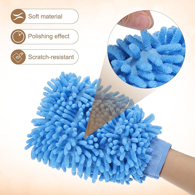 HARFINGTON Premium Chenille Microfiber Car Wash Mitts 9.8" x 7.9" Scratch Free Wash Gloves Absorbent Double Sided Plush Cleaning Drying Mitts for Car Washing Home Light Blue