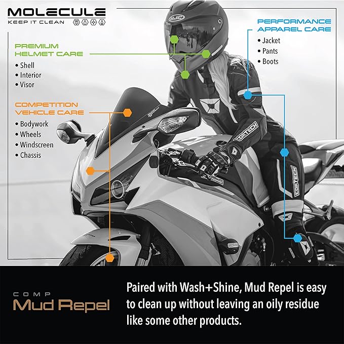 Molecule Competition Wash and Shine + Mud Repel, Hi-Foaming, Spot-free rinse, Removes Rubber Marks, Oils, and Dirt, ATV and Snowmobile, For use with Metals, Plastics Vinyl, Rubber, 16 Ounces (1 Kit)