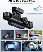 N300Pro 4K 4 Channel Dash Cam Front and Rear, STARVIS 2 Sensor, 3" Touch Screen, 5.8GHz WiFi GPS, 360° Car Dash Camera, AI Driver Monitor System, Free 64GB Card, WDR Night Vision HDR, 24H Parking Mode