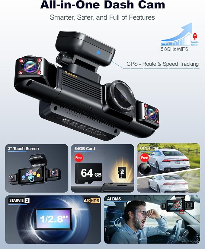 4K STARVIS 2 Dash Cam Front Rear, 5.8GHz WiFi 20MB/s Download, Free 64GB Card, 4 Channel 360° Dash Camera, 3" Touch Screen, AI Driver Monitor System, WDR Night Vision,HDR GPS,24H Parking Mode(N300Pro)