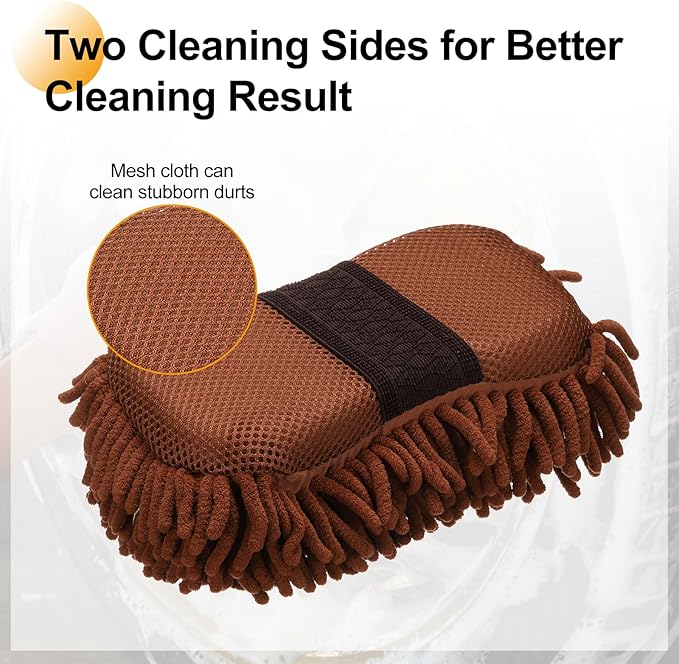 HARFINGTON Car Wash Sponge 9.1" x 4.7" Chenille Microfiber Mitt Scratch-Free Absorbent Scour Scrubber Cleaning Sponge for Washing Detailing on Cars, Trucks, SUV, Boats, RVs, Coffee