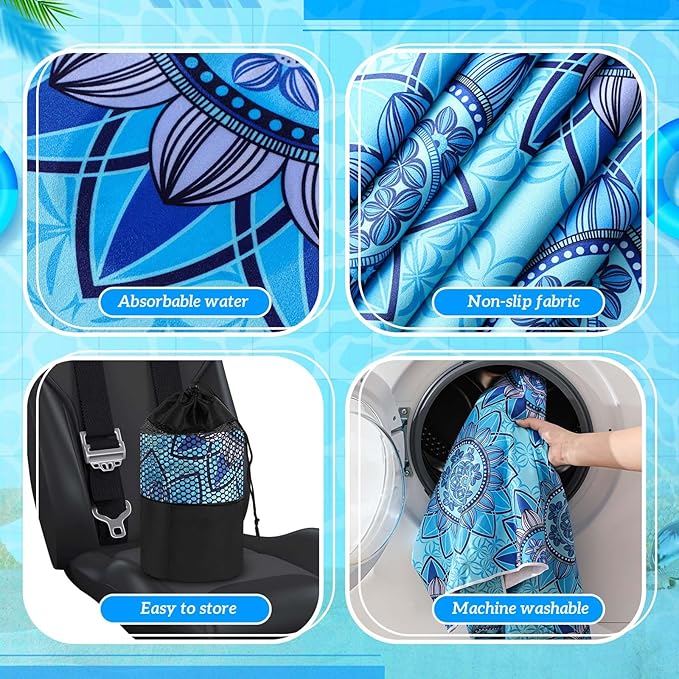 Hahafelt 2 Pack Car Seat Towel Covers with Storage Bag, 63 x 32 Inch Universal Non Slip Waterproof Sweat Protector for Car Truck, Gym Swimming Running, Machine Washable (Blue Mandala)