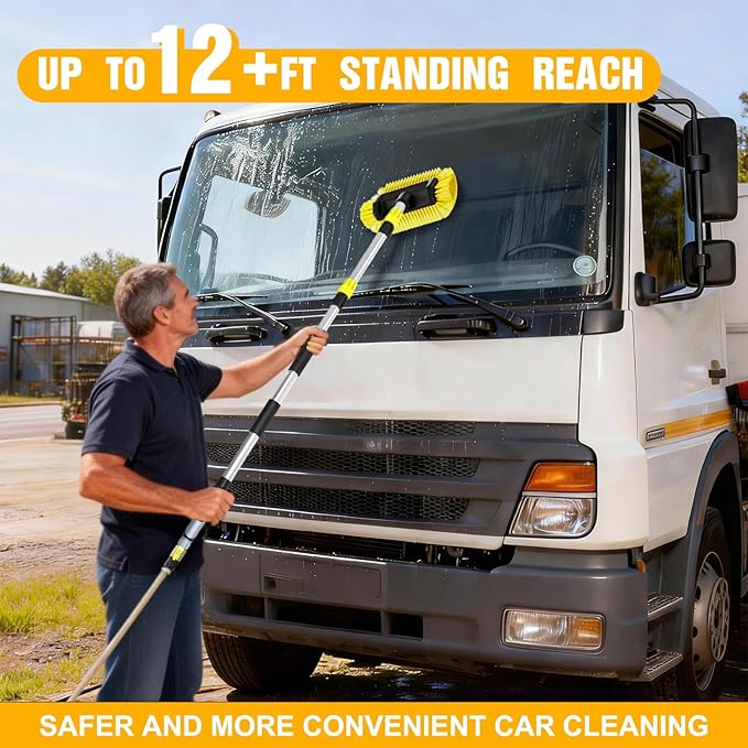 LAANPOLE 12FT Car Wash Brush with Long Handle, Car Cleaning Brush with 12 Inch Soft Bristle and Soap Dispenser, Solar Panels Cleaner with Telescoping Pole for RV, Truck, Boat, House Siding, Yellow