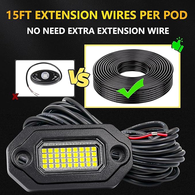 8Pods Metal Bright Pure White LED Rock Lights Kit,Per pod provided 15FT Power Cord,6500K 36LEDs Neon Underglow Light Aluminum Waterproof Fender Lights for Trucks Trailer Jeep Off Road ATV UTV