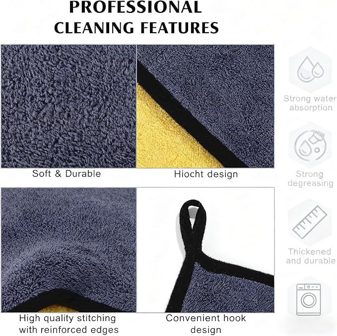 Ultrasoft, Large, Thick and Quick Drying Car Microfiber Cleaning Towel 800GSM Polishing Waxing Auto Detailing Towel Cloth (6pack) (Grey-Yellow)