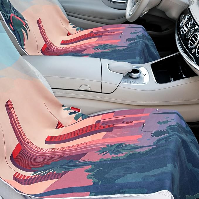 Hahafelt 2 Pack Car Seat Towel Covers with Storage Bag, 63 x 32 Inch Universal Non Slip Waterproof Sweat Protector for Car Truck, Gym Swimming Running, Machine Washable (Los Angeles Street Scene)