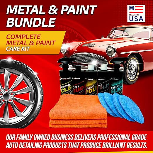 Dura-Coating Metal & Paint Bundle - Blue Premium Metal Polish, All-N-1 Car Polish, Crazy Suds Auto Wash, Wheely Clean Spray, and Quick Slick Polymer Spray, with 4 Polishing Pads & 1 Microfiber Towel