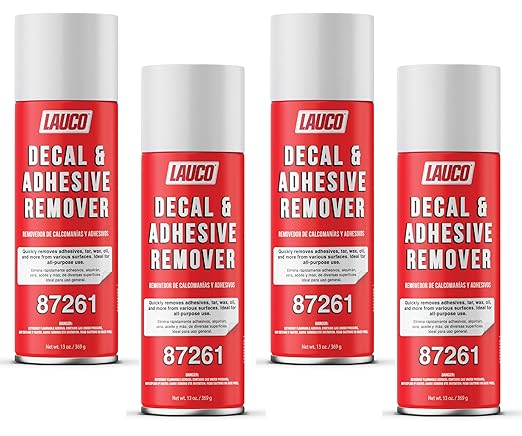 LAUCO Decal & Adhesive Remover – 13 oz Aerosol Spray – Removes Stickers, Tar, Wax, Oil, Bugs, Sap – Safe on Cured Paint, Vinyl & Fabrics – Single & Multi-Pack Option (4) 87261