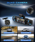 360° Dash Cam 1080P Front+480P Rear Left Right, 4 Channel Dash Cam for Car, 3.16 Inch IPS Dashcams with Night Vision, Loop Recording, Motion Detection, 24/7 Parking Monitor, Reversing Help