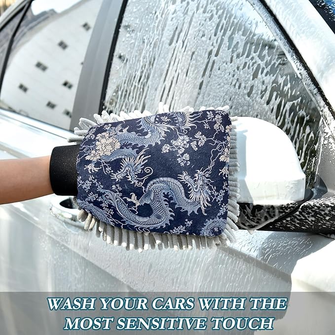 YETTASBIN Chinese Dragon 2PCS Car Wash Mitts, Ultra Absorbent Chenille Microfiber Car Washing Gloves, Scratch-Free Lint-Free Auto Cleaning Mitt, Machine Washable Elastic Cuff Car Wash Sponge