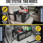 Compact Car Trunk Organizer 2-Section – Grocery, Tools, Cleaning Supplies Storage – Foldable Dual-Compartment Cargo Bin with Cover Net – Gray