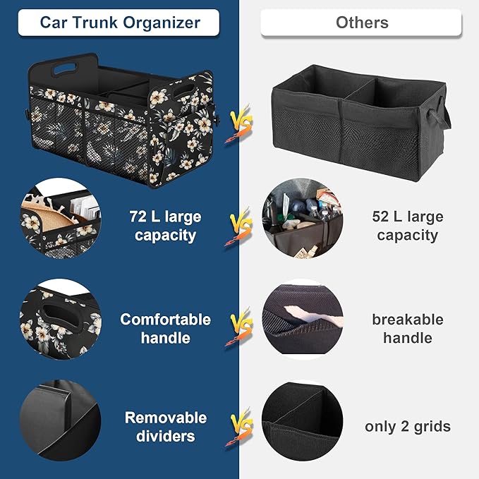 Femuar Car Trunk Organizer,Car Storage Organizer with 72L Large Capacity Waterproof Collapsible and 11 Pockets,Trunk Organizer for Car Suv/Jeep/Sedan, Large Size, Hibiscus flowers