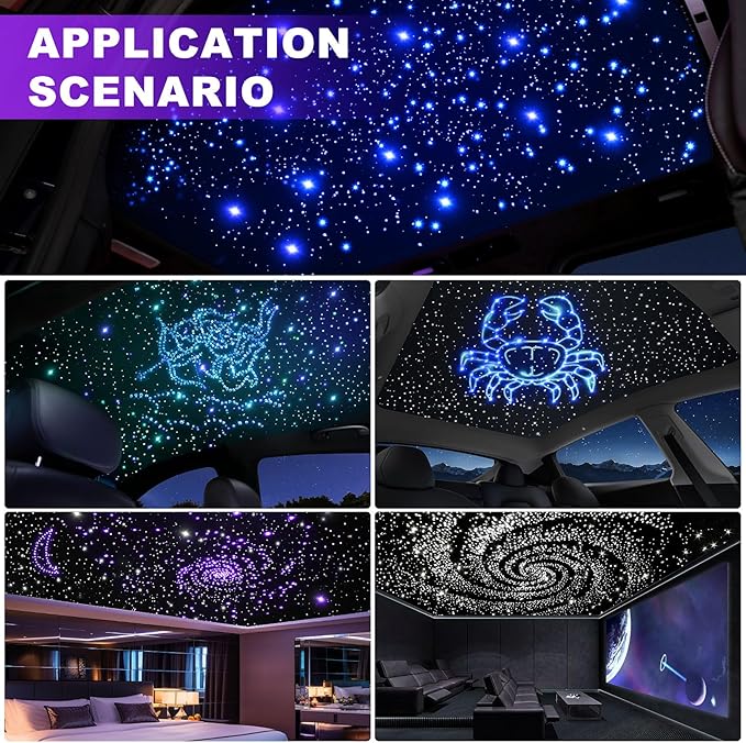 Car Starlight Headliner Kit, Twinkle & Sound Activated RGBW 16W 1000pcs*0.02in*9.8ft Fiber Optic Starlight Kit with APP& Remote Controlled, Star Lights for Ceiling Car Roof/Home Decor