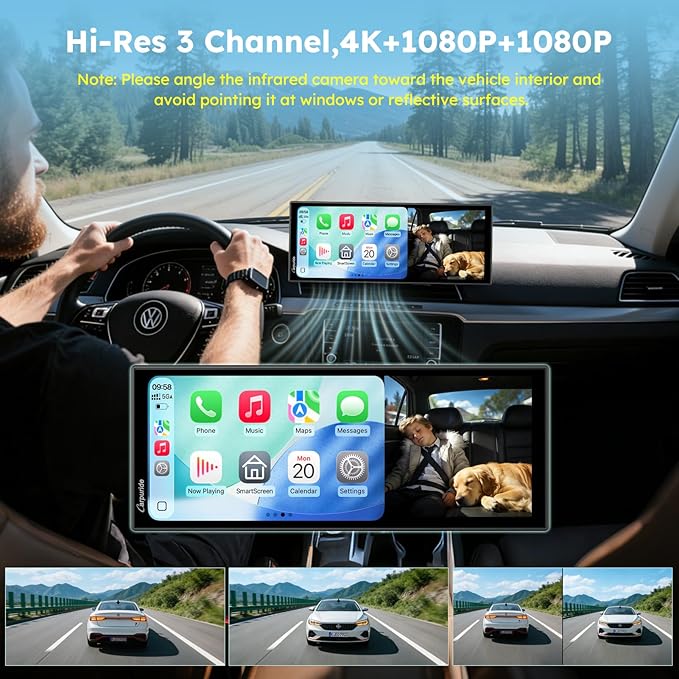 CARPURIDE W125S 11.26 Inch HD Wireless Carplay & Android Auto Screen, 4K +1080P+1080P Dash Camera for Cars with 64GB Card, with Loop Recording, Bluetooth, Voice Control, GPS, FM, Super Link