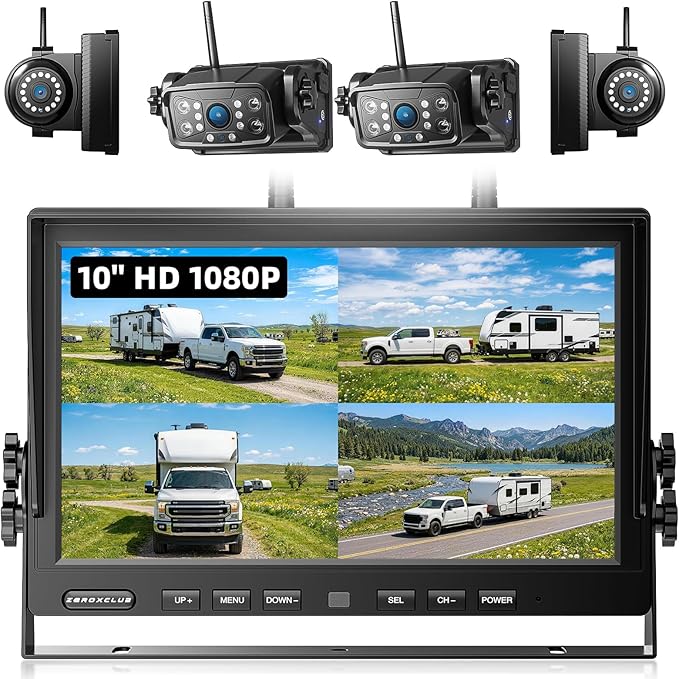 Magnetic RV Wireless Backup Camera, HD 1080P 10" Loop Recording Monitor, 2-Rear View 2-Side View Cameras Wireless System for RV Trailer Trucks, Built-in 9600mAh Battery, Night Vision- ZEROXCLUB BC104