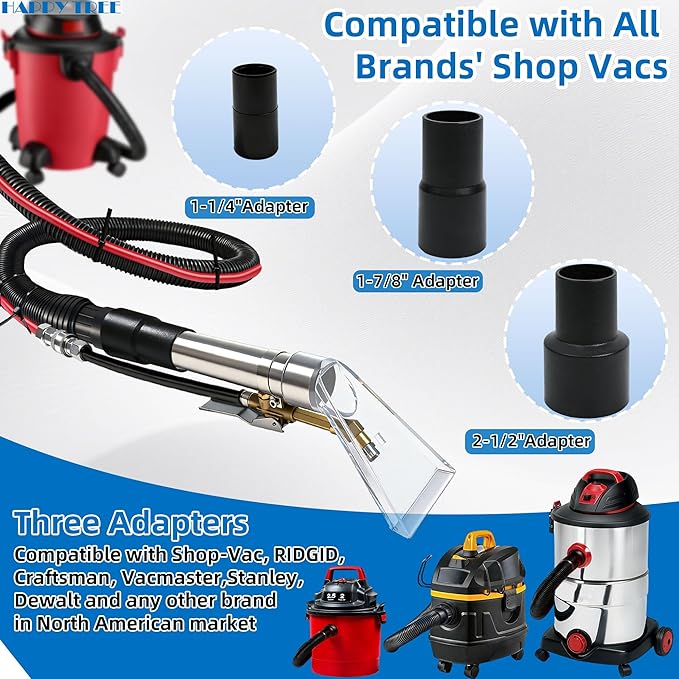 Happy Tree Universal Fit All Brands' Shop Vac Extractor Hose Kit Adapter Wet-dry Extraction Accessory for Upholstery & Carpet Cleaning Auto Detailing Wet Vaccum Accessories with 25 Feet Water Hose