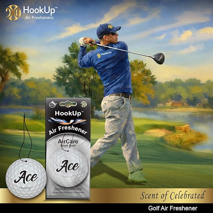 Golf Car Air Freshener by HookUp - 2 Pack - Black Gold Scent (Extra Strong) | Unique Golf Gift for Players, Coach, Fans | Hanging Car Accessory with Long Lasting Fresheners Smell