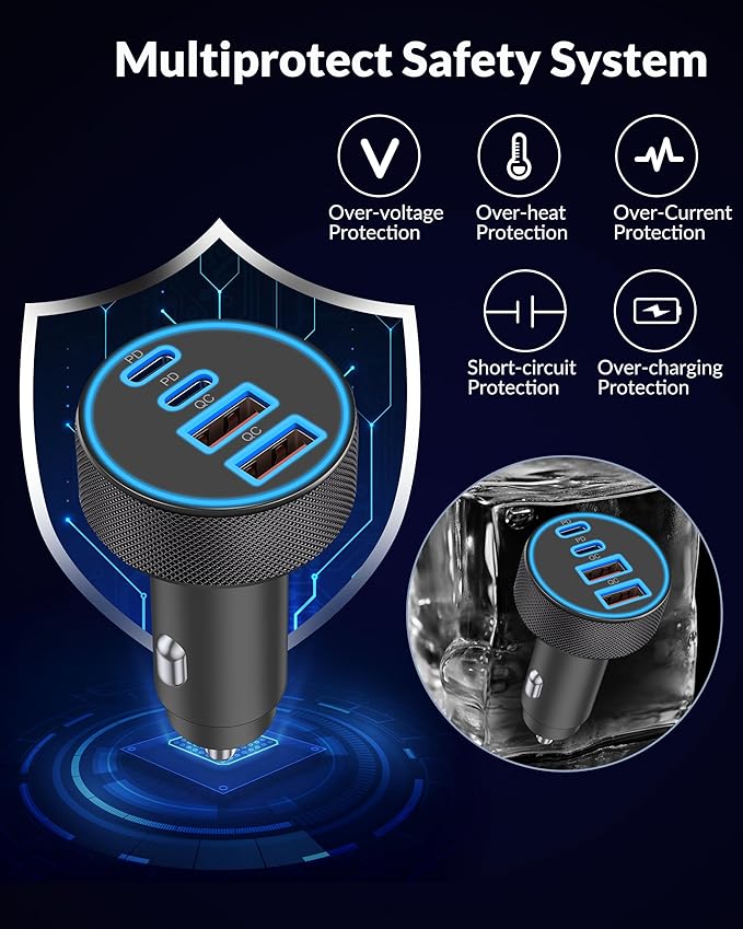 [4 in 1] USB C Car Charger, 4-Port 90W Super Fast Charging Cigarette Lighter Adapter, Dual 45W USBC & USB-A Multiport Car Phone Charger Accessories for iPhone 17 16 15 14 13 12, iPad, Galaxy, Tablet