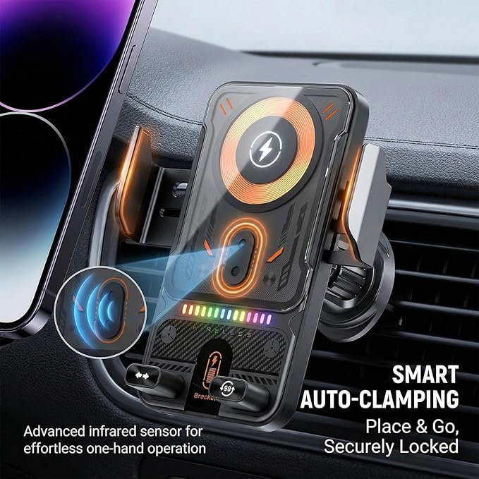 Motorized 90-Degree Rotating Wireless Car Charger Mount with Auto Clamping, 15W Fast Wireless Charging Air Vent Phone Holder for Most Smartphones (Black)