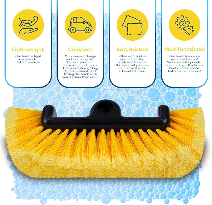 SCRUBIT 12" Car Wash Brush with Soft Bristles for Car, Truck, Boat Deck & House Cleaning, Exterior Washing Brush Connects with Pole & Hose, Storage Bag Included (Yellow)