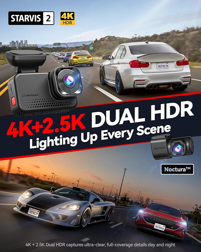 REDTIGER ViewClear 70 4K+2.5K Dash Cam Front and Rear, 8MP STARVIS 2 IMX678 Sensor, Dual HDR Hyper Night Clarity, 5.8GHz WiFi 6, 30MB/S Fast Download, Dash Camera with 24H Parking Monitor