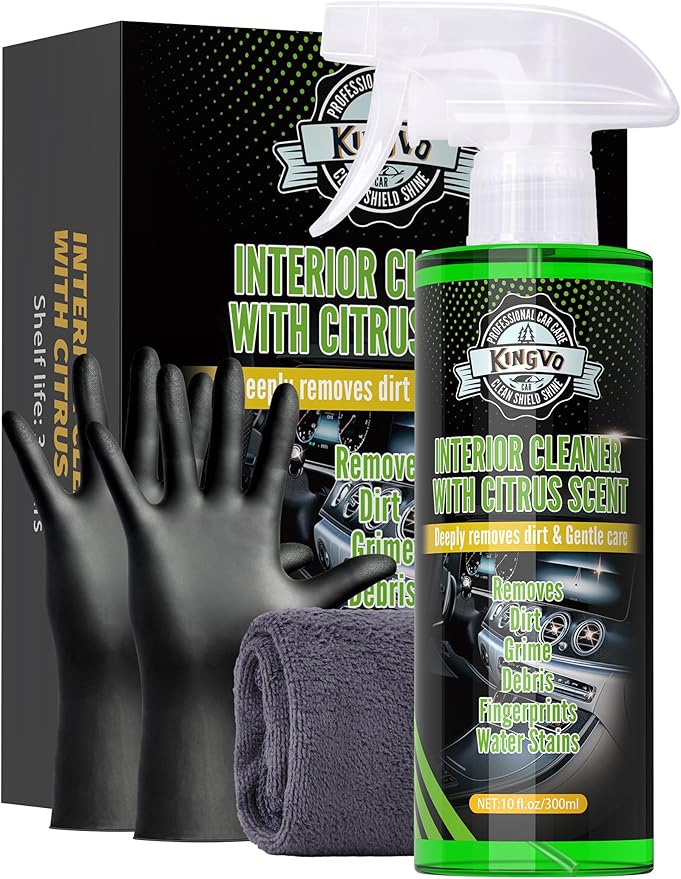 Kingvo Car Interior Cleaner Spray, Multipurpose Leather Seat Cleaner Upholstery Car Cleaning Kit with Citrus Flavor Auto Dashboard Vinyl Detailing Supplies Kit,10 OZ