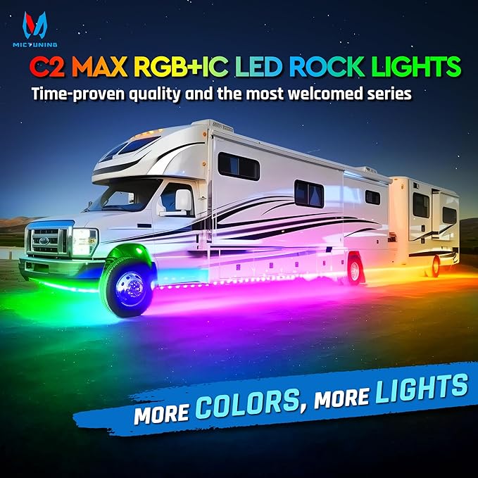 MICTUNING C2 MAX RGB+IC Rock Light with White Housing - 8 Pods Chasing Color Underglow Lights Kit, Dynamic Lighting Modes, APP Control, IP68 Waterproof, DIY Effect, Up to 24pods Extensible