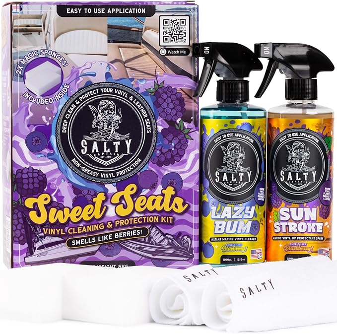Salty Captain Sweet Seats Kit - Boat Upholstery Cleaner and Protectant Kit with Boat Seat Cleaner Spray & UV Marine Vinyl Protectant | RV, Car & Auto Vinyl Care | Boat Cleaning Supplies & Accessories