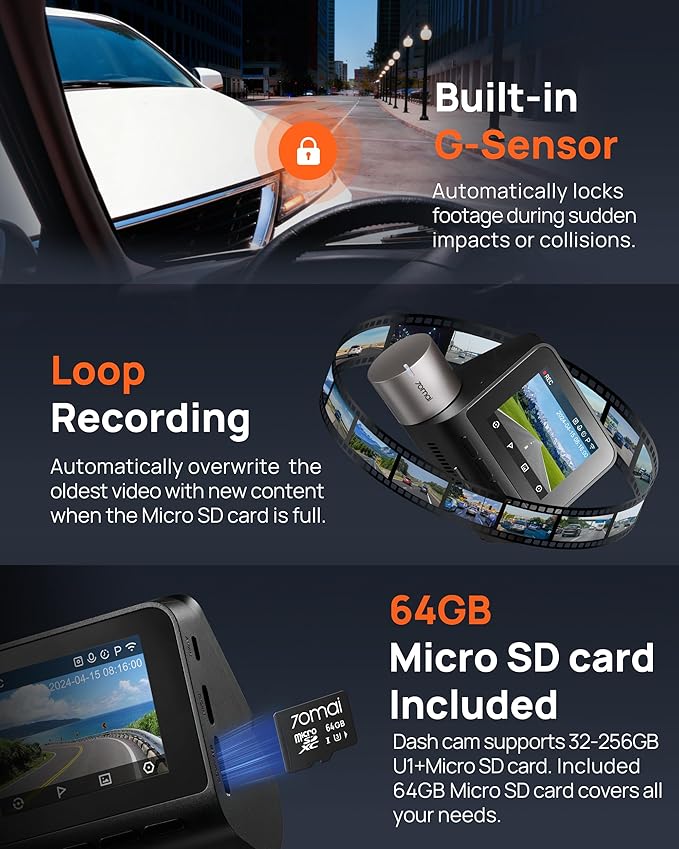 70mai Dash Cam Front and Rear A510,1944P+1080P with STARVIS 2 IMX675 and 64GB Card, Dash Camera for Cars, 4G LTE Support, ADAS, Built-in GPS WiFi, APP Control, HDR, 24H Parking Mode, Loop Recording