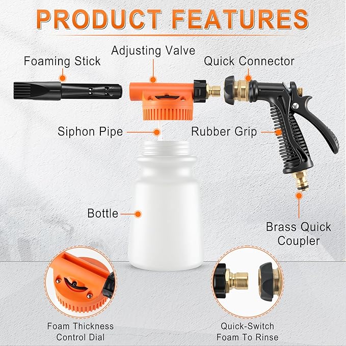 LivTee Car Wash Foam Gun – Hose Foam Cannon with 5 Spray Settings, Connects to Any Garden Hose, Scratch-Free Cleaning for Car, Truck & Boat, Includes Wash Mitt and Soap Applicator (Orange)