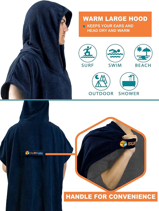 SUN CUBE Surf Poncho Changing Robe with Hood | Absorbent Quick Dry Microfiber Wetsuit Changing Towel with Pocket for Surfing Men Women