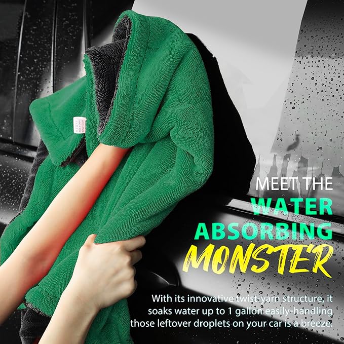 Extra Large Car Drying Towel, 36 Inches, 1300gsm,Super Absorbent Polyamide, Double-Twisted Design (Green and Grey)