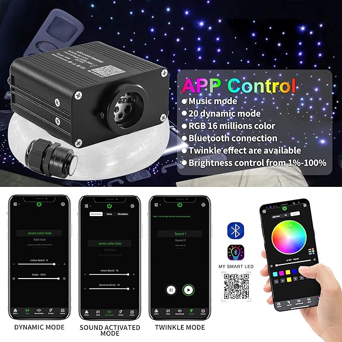 ATOKEE 16W Twinkle 650pcs Starlight Headliner Kit, 0.03in 13.1ft Fiber Strands Small Size Star Lights for Car Roof with Remote Control/Bluetooth APP