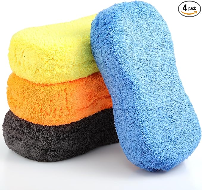 Tanlade 4 Pcs 2 Pack Large Microfiber Car Wash Sponge for Cleaning, Non Scratch Microfiber Sponges for Car Washing Supplies, Trucks and Motorcycles (Orange,Blue,Yellow,Gray)