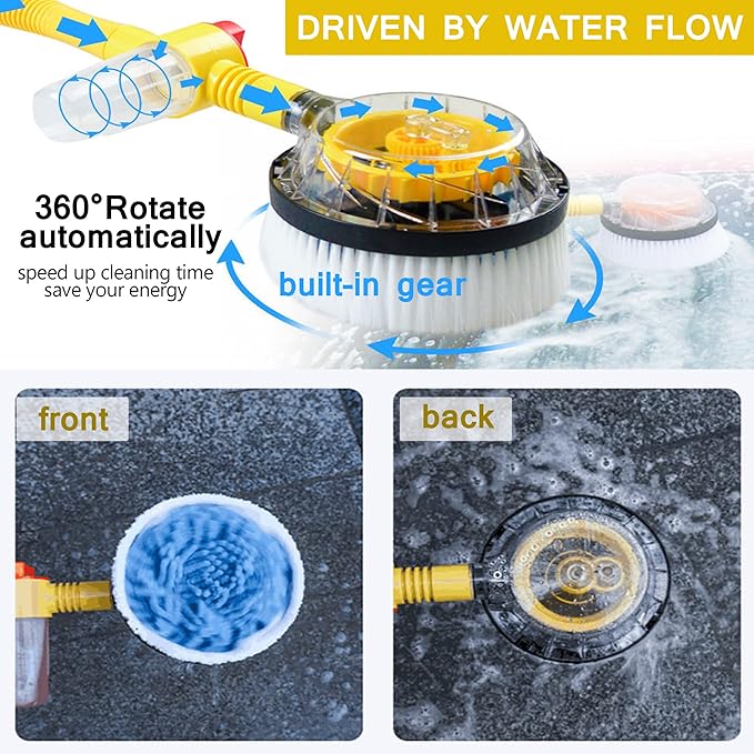 Automatic Rotating Car Wash Brush with Soap Dispenser, Soft Chenille Car Washing Brush Spin Mop Garden Hose Brush Foam Spray Gun Exterior Car Cleaning Brush Kit (Detachable Long Handle)