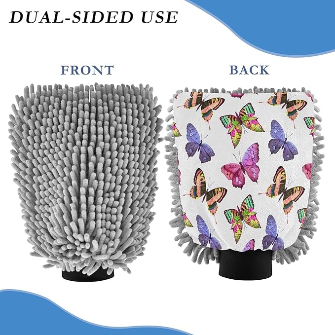 Qilmy Watercolor Butterflies Microfiber Chenille Car Wash Sponge Scratch Free Car Wash Mitt Absorbent Mitt Sponge for Trucks SUVs Car Washing Home Cleaning, Medium