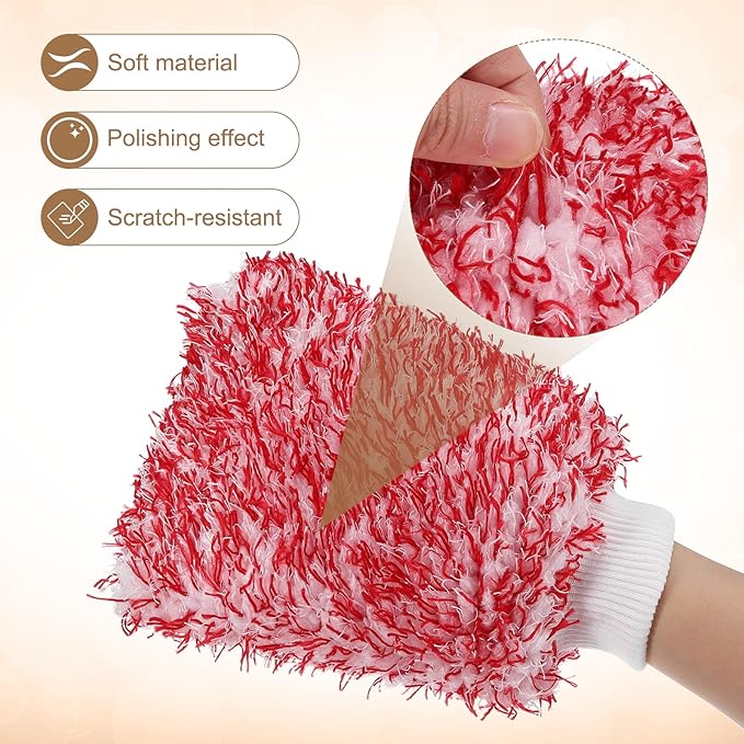 HARFINGTON Chenille Microfiber Car Wash Mitts 9.1" x 6.7" Scratch Free Wash Gloves Absorbent Double Sided Plush Cleaning Drying Mitts for Car Washing Home, Red