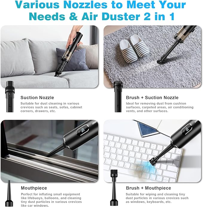 Handheld Vacuum Cordless, Upbooz Portable Car Vacuum, 14000PA Powerful Suction Vacuum Cleaner with LED Light and Air Duster 2 in 1, Low Noise Rechargeable Mini Hand Held Vacuum for Car Home Pet Office