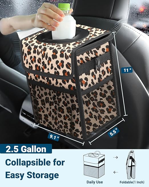 Capolo Car Trash Can with Lid, Leakproof Car Trash Bag Hanging Waterproof Automotive Garbage Can with Storage Pockets Mini Vehicle Trash Bin for Back/Front Seat(Leopard,2.5 Gallon)