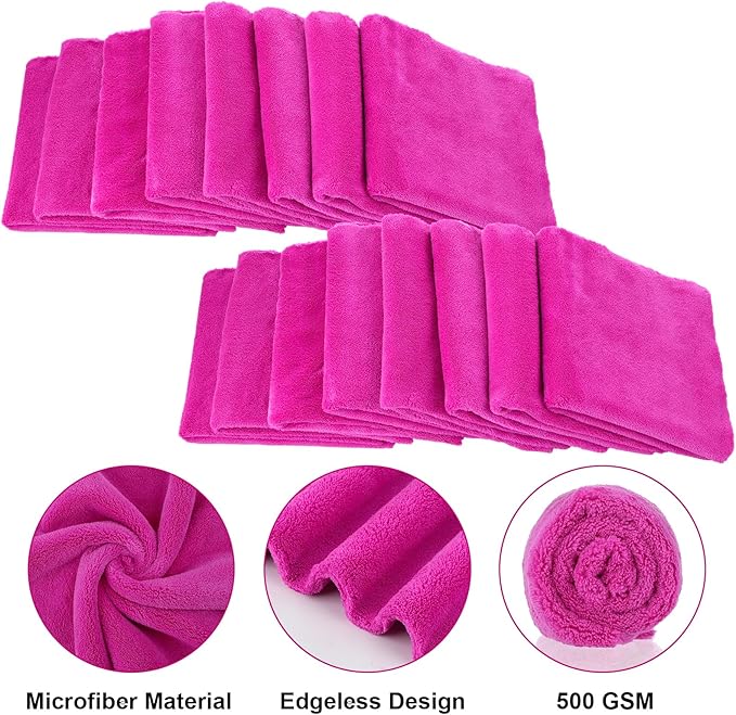 Shimeyao 30 Pcs Edgeless Microfiber Plush Towels for Cars Detailing Drying Wash Polishing Absorbent Cleaning Cloths, 500 GSM (16 x 16 Inch,Fuchsia)